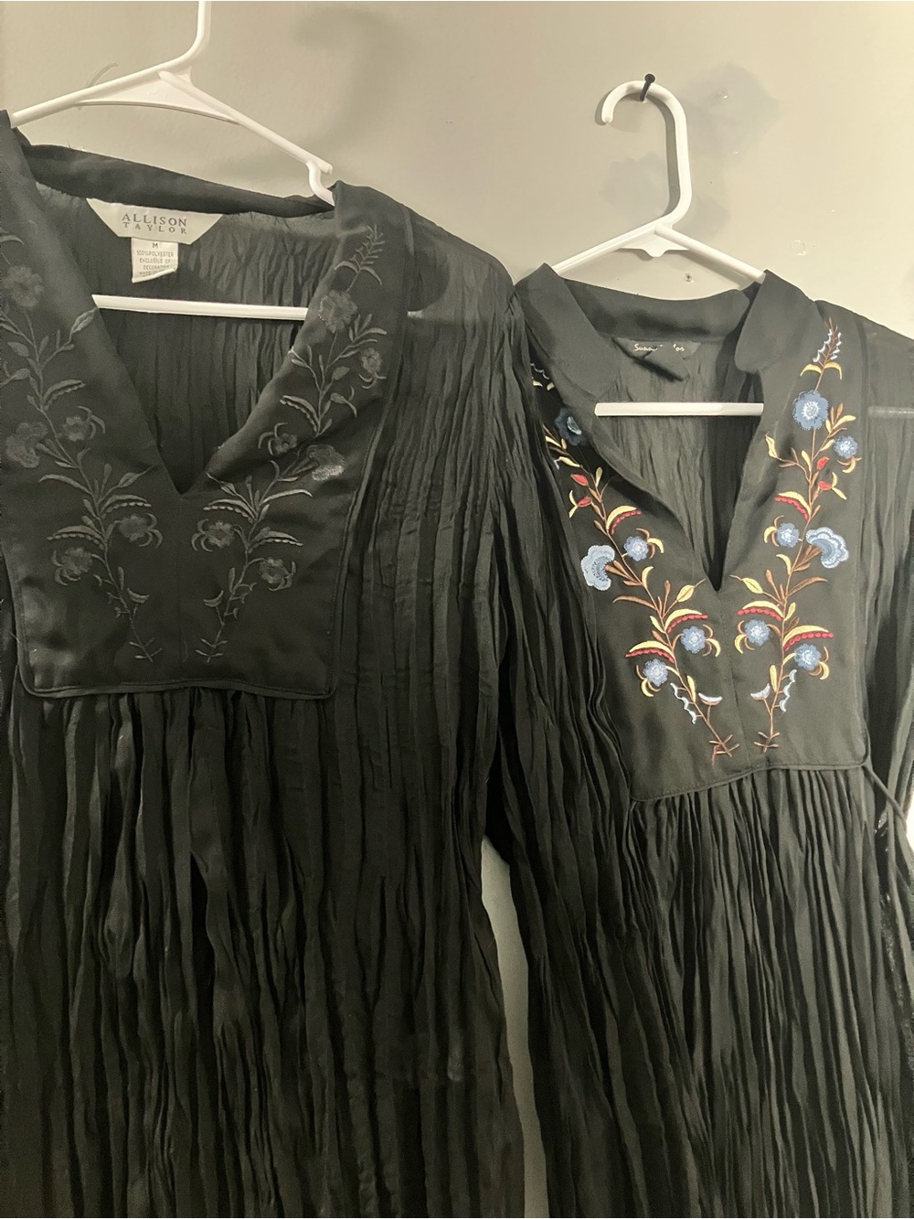 Allison Taylor Black Embroidered V-Neck Blouse with Blue Floral Accents